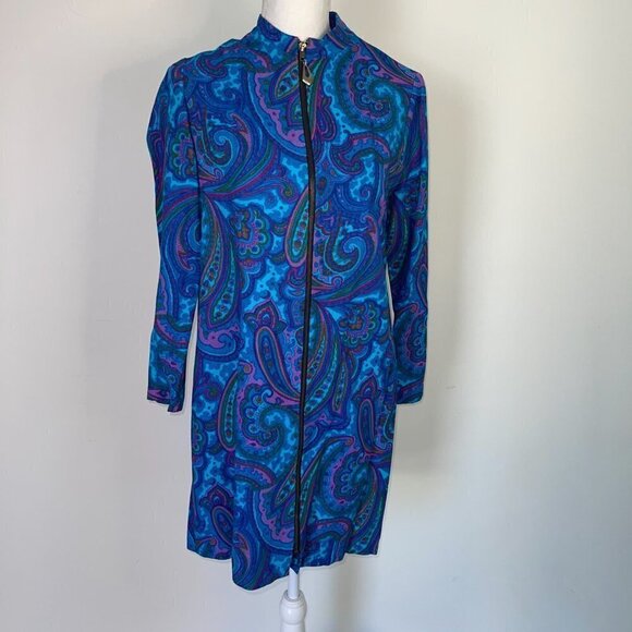 Young Tiffany Melbourne Dress Vintage Purple Turquoise Paisley Zipper Front - Picture 9 of 12